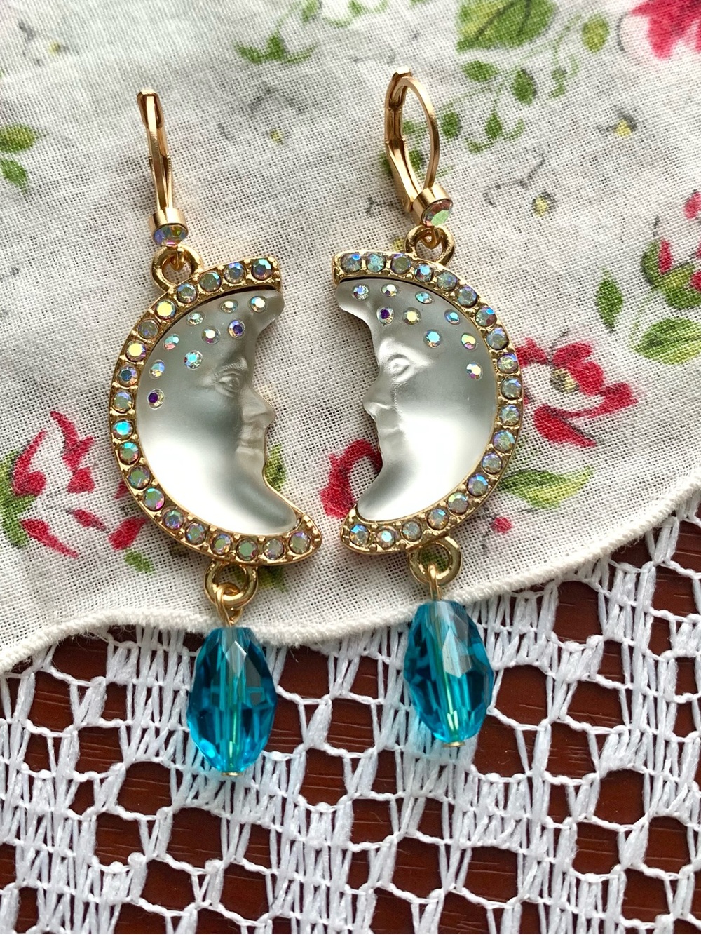 Kirk’s Folly White Crescent Moon Face Dangling Blue Drop Earrings
